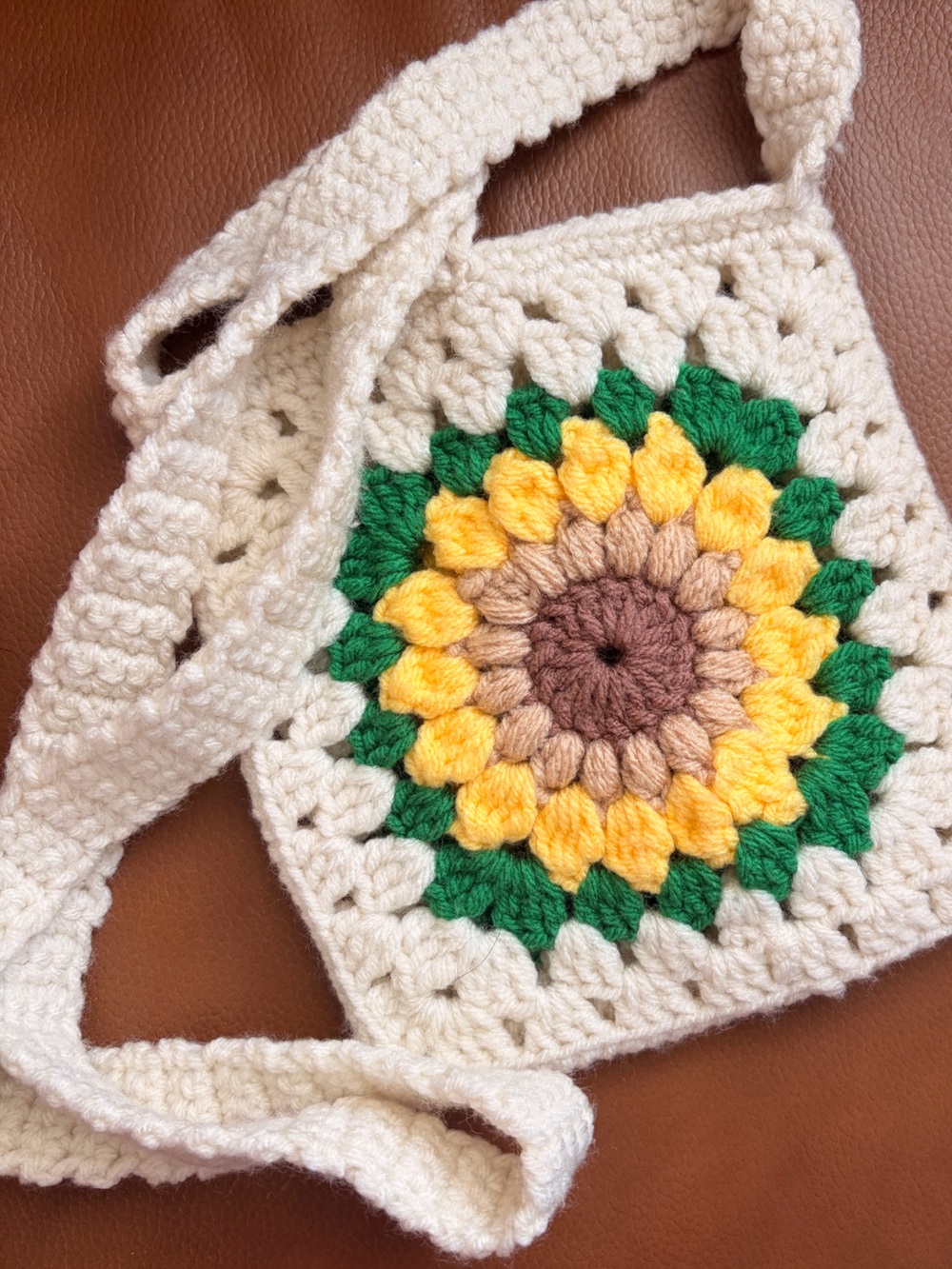 🌻 Crochet Sunflower Crossbody Bag in Cream, Yellow & Green
